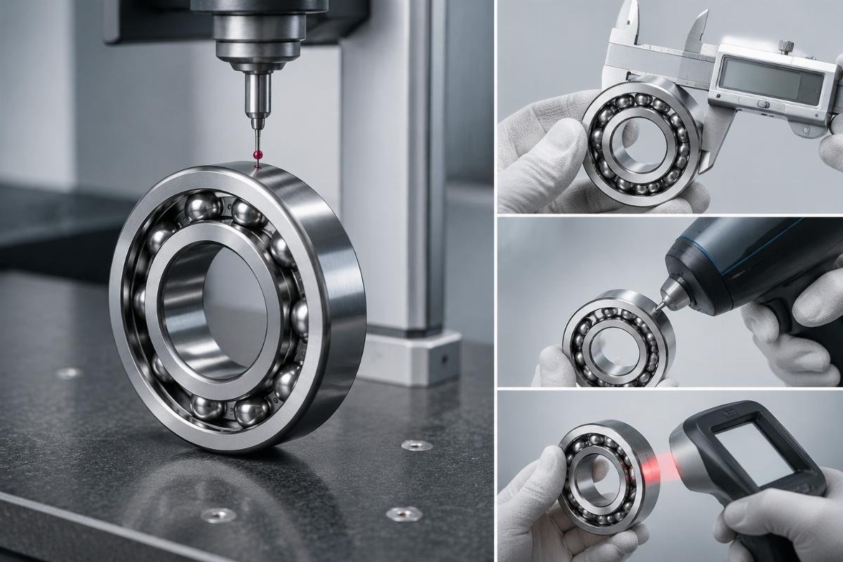 Bearing quality inspection process showing CNC measurement and QR code verification
