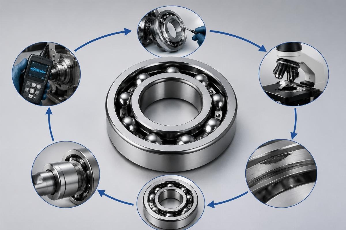 Bearing failure analysis workflow showing 5-step diagnostic process