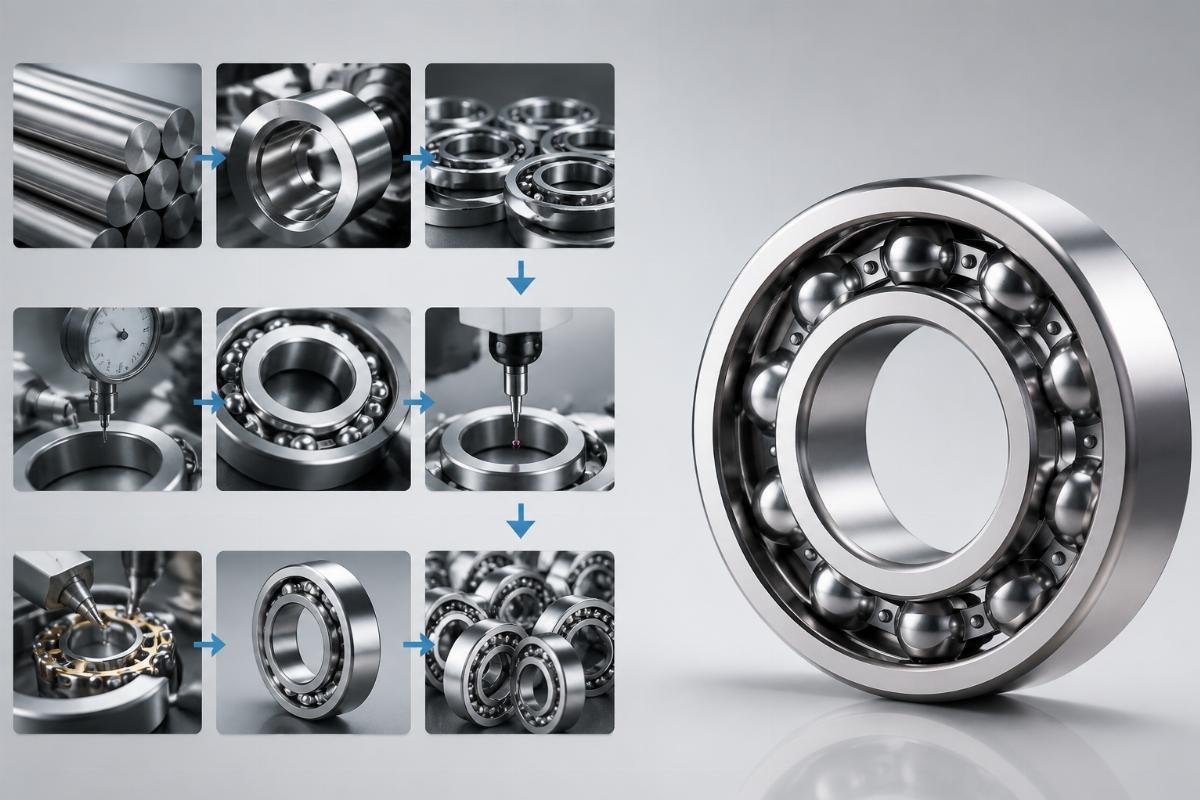 Bearing quality control process flow showing inspection stages from raw material to final product