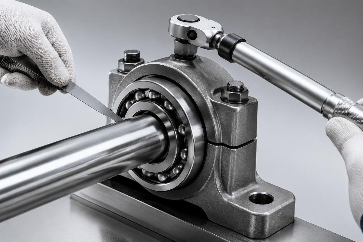 Deep groove ball bearing installation process with torque wrench and clearance gauge